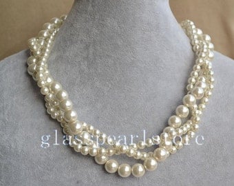 ivory pearl Necklaces,Twist Glass Pearl Necklace,Triple strand Pearl Necklace,Wedding Necklace,bridesmaid necklace,statement necklace