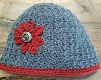 Grey with garnet colored accents yarn crochet beanie hat