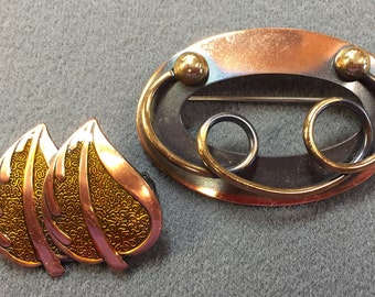 Two Mid Century Artisan Copper Brooches-One With Enamel. Free shipping