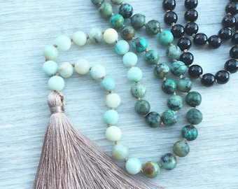 Shore Break Mala ~ Amazonite, African Turquoise & Obsidian ~ 108 bead, hand knotted, tassel necklace, chakra, yoga necklace, meditation bea