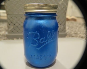 Metallic Blue Painted Mason Jar - Home Decor - Pint Size - Flower Vase - Display Piece - Centerpiece - Counter Top Storage - Colorful Decor