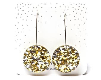 Moondrop Earring · Gold + Silver Glitter Earring · Moon Earring · Moon on Wire Earring · Glitter Circle Earring