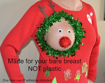 Sexy Ugly Christmas Sweater, it is NOT A PLASTIC boob, red, green or multi christmas colored version, see details, boob, breast, jumper
