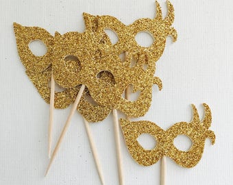 Masquerade Mask Cupcake Toppers - Gold - Cupcake Topper- Masquerade #2026