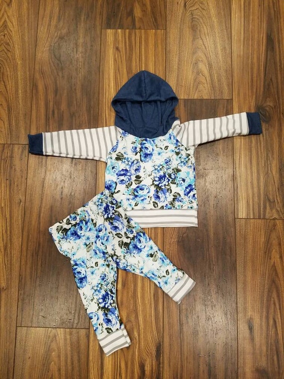 Blue floral and grey striped baby hoodie outfit newborn