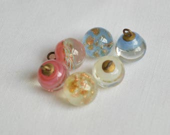 3/8th inch vintage Czech glass paperweight button, blue, pink or white with mica gold flecks, 10mm