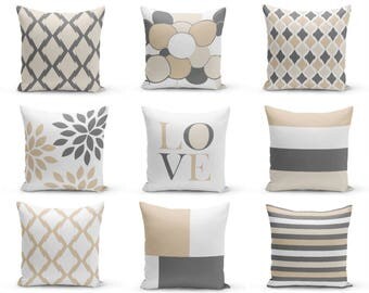 Neutral accent pillows, Pillow Covers, Neutral Decor, Love, Floral, Trellis, Grey Beige, Sand White, Mix and Match, Throw Pillow Covers