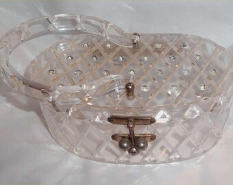 DIAMOND Girl! Ritzy RHINESTONES Lucite Purse by FLORIDA Handbags ~Crystal Clear 1950s Vintage Bag ~Sparkly Plastic Handbag in Great Shape