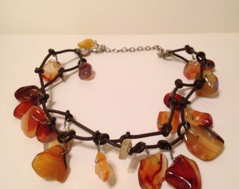 Amber Stone and Leather Big Bold Chunky Statement Necklace