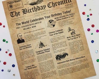 90th Birthday Gift Personalized 8.5" X 11" Print Headline News Time Capsule Newsletter Style 1927 Birthday Chronicle Milestone