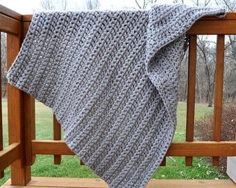 FREE SHIPPING-Crochet Blanket-Ultra Soft- Gray, Super Bulky Yarn, Very Soft, Made with Two Strands For an Extra Thick Blanket
