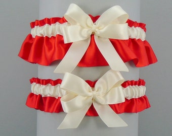 Wedding Garter Set Red Garters with Ivory or White trim and double loop bow, Simply Satin (May also be purchased individually)