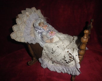 Baby Doll in Crib with Crocheting Cover and Pillow Laced