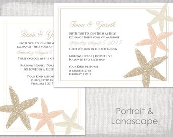 Beach Wedding invitation template "Starfish" printable Sand Ecru and Champagne invitations template digital YOU EDIT instant Word download