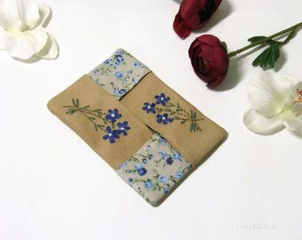 Sale, Blue Flowers Tissue Case, Handkerchief Holder, Pocket Tissue Holder, Linen embroidered Tissue Case and Monogrammed handkerchief