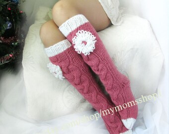 Long pink socks Long socks with a flower Hand knit socks Hand made socks Wool socks Warm winter socks Knee high Socks