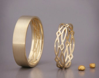 SALE 14K Gold Eternity Wedding Rings Set | Handmade solid 14k gold eternity wedding Rings | His and Hers Wedding Bands Set