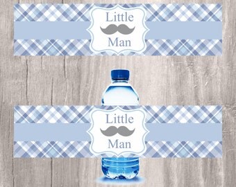 Little Man Water Bottle Labels, Prinable Mustache Baby Shower Decorations, INSTANT DOWNLOAD, Party Favors Bottle Labels, Blue Baby Shower
