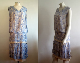 1920s Dress / 20s Blue Ivory Novely Print / SM
