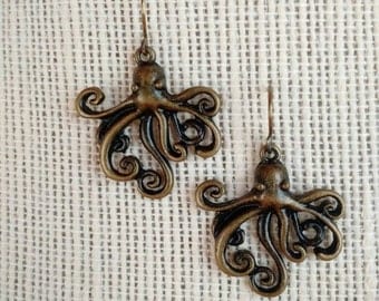 Bronze Octopus Charm Earrings / Octopus Charm Earrings / Octopus Dangle Earrings / Beach Jewelry