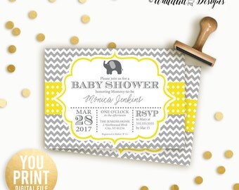 Elephant baby Shower Invitation, Yellow and Grey Elephant Baby Shower Invitation, Elephant Baby shower Invite, Personalized Printable