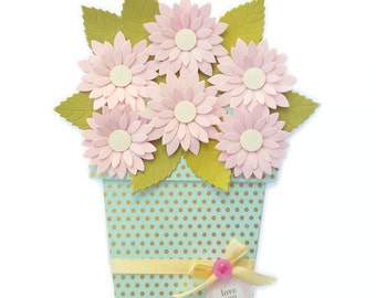 Flower Pot Card - Handmade Card- Love you card -Any Occasion card - Pink Daisy Flower pot card - Love you card - Greeting Card - Handmade