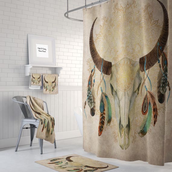 Boho Chic Bull Skull Shower Curtain Optional Bath Mat, Bath Towels ...