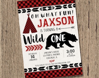 lumberjack birthday invitation, wild one birthday, BOY first birthday, teepee, bear invitation, buffalo plaid woodland printable invitation