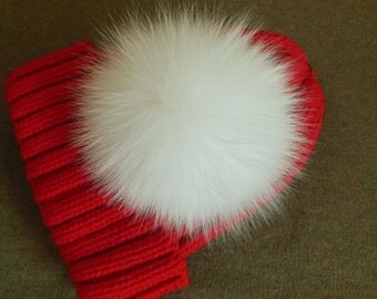 13cm White Real Fox Fur Pom Pom Knit Hat Pompoms Removable