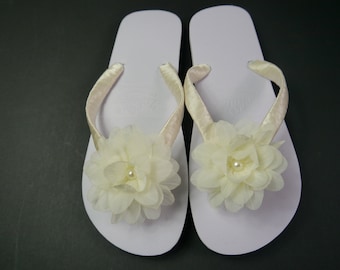 Wedding, Beach, Flip Flops, Sandals, White, Hand Decorated with Satin Ribbon and a Chiffon Flower with Pearl Centre, Comes with Organza Bag