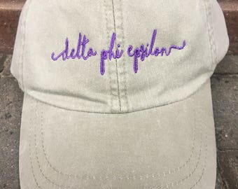 Delta Phi Epsilon Handwriting Script Hat- Officially Licensed Greek Cap - Delta Phi Epsilon Baseball Hat