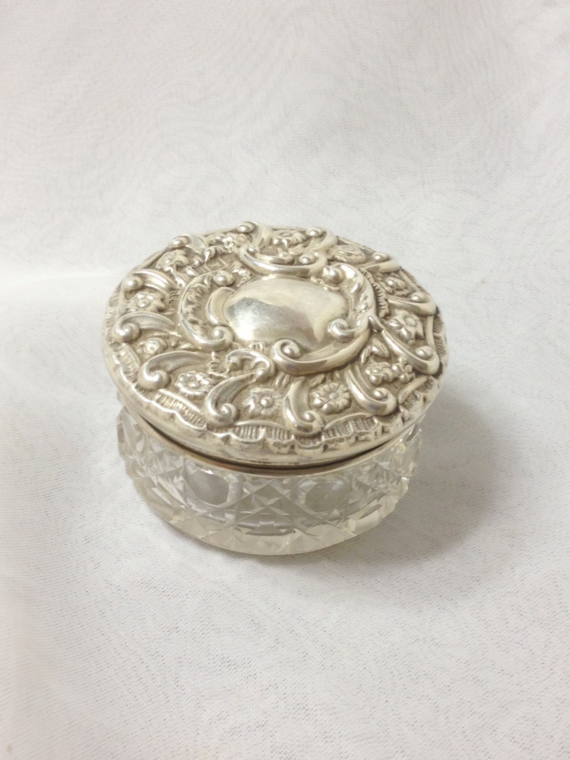 Antique Vanity Powder Jar Silver Lid and Cut Glass by dollyjayne