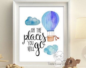 Nursery wall art hot air balloon adventure poster balloon quotes printable blue baby room decor boy decoration digital balloon art 64-64
