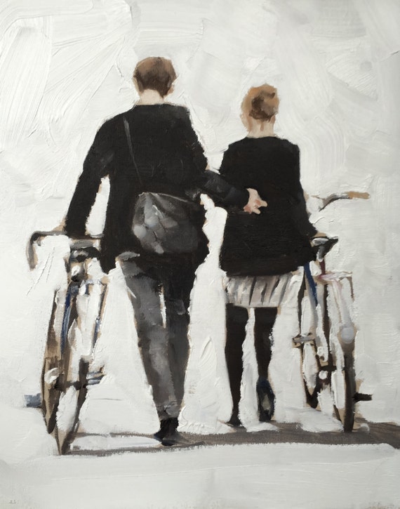 Couple Walking with Bicycles Art Print from original