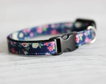 Floral Cat Collar Breakaway Cat Collar Dark Blue Blossom Collar Flower Cat Collar Blue Cat Collar Summer Cat Collar Vintage Flower Collar