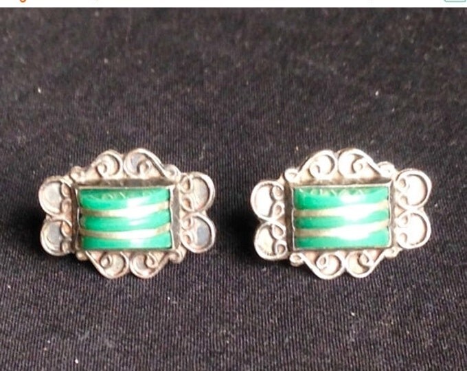 Storewide 25% Off SALE Vintage Designer Malachite Green Stone Sterling Silver Screw Back Earrings Featuring Garland Style Trim