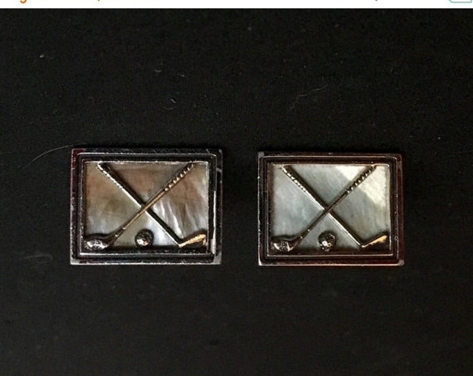 Storewide 25% Off SALE Vintage Silver Tone Square Golf Clubs & Ball Swank Designer Cufflinks Featuring Iridescent Style Backing