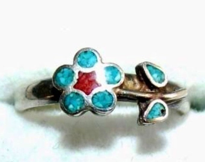Storewide 25% Off SALE Vintage Ladies Silver Ring with Floral Design Accents Set in Authentic Red Coral and Turquoise Inlay