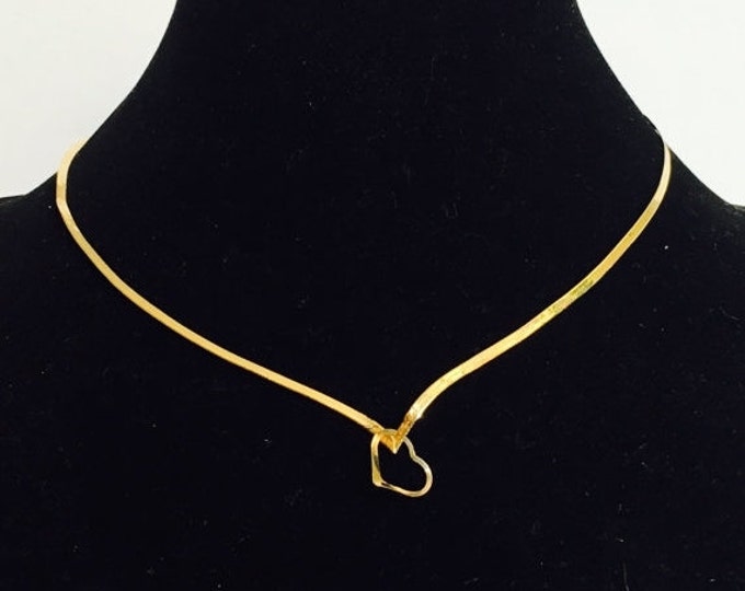 Storewide 25% Off SALE Vintage 14k Italian Gold V-Neck Omega Necklace With Gold Heart Pendant Featuring Beautiful Bright Design
