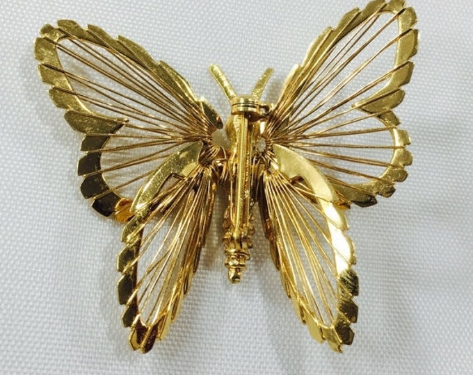 Storewide 25% Off SALE Vintage Gold Tone Monet Open Winged Butterfly Brooch Pin Featuring Elegant High Gloss Finish