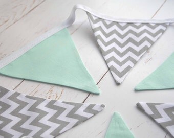 Grey and Mint Nursery Bunting - Grey Chevron Bunting - Grey Chevron and Mint Bunting - Nursery Bunting