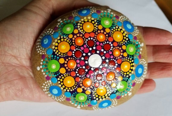 New Mandala Stone Painted Rock Colorful Dot Art Painting