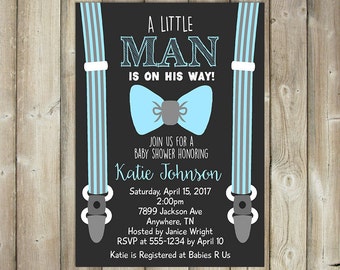 Little Man Baby Shower Invitation - Boys Baby Shower Invite - Suspenders & Tie - DIGITAL FILE