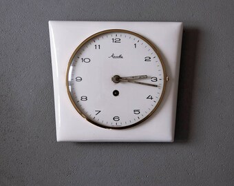 Vintage German 50's Ceramic Wall Clock, Mechanic Clock, Retro Kitchen, Retro Decor, Kitchen Clock, Kitchen Decor, Cream, Gold, Wall Hanging