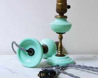 Vintage jadeite lamp set with black and white fabric cord