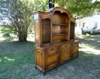 Large Vintage French Country Breakfront Cabinet Bookcase w/ Heavy Expanded Brass & Raised Panels Floral Carvings 92"T x 90"W