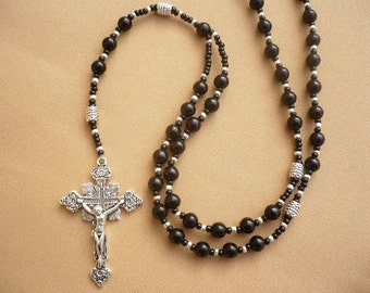 Black-silver mens rosary necklace, gift for men, mens cross necklace,black rosary necklace, personalized rosary, baptism rosary