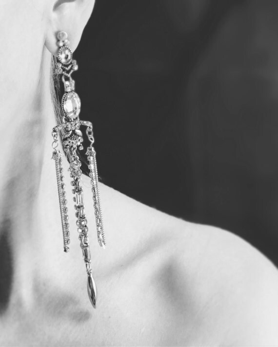 SALE! Statement Earrings - Handcrafted: Carter. Silver & crystal ethnic bohemian chandelier drop earrings