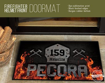 Personalized Firefighter Helmet Front - Welcome Mat/Doormat/Rug - 2 Sizes - High Quality Dye Sublimation, Weatherproof - Indoor/Outdoor