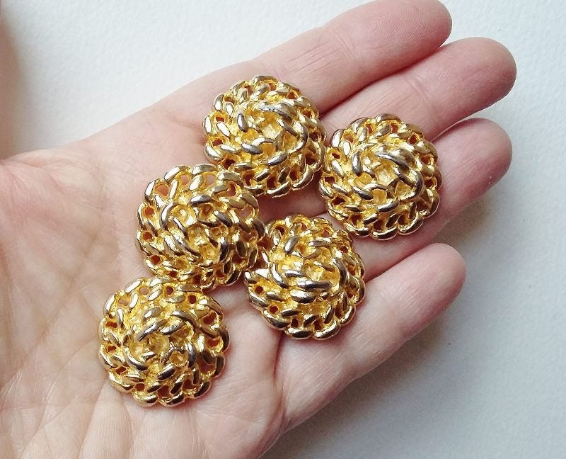 Five Gold Tone Vintage Buttons Metal Metalic Coiled Rope Effect